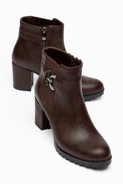 SHESTORE Women's Elastic Side Zipper Brown Heeled Casual Boots 7cm Heel Oval Toe