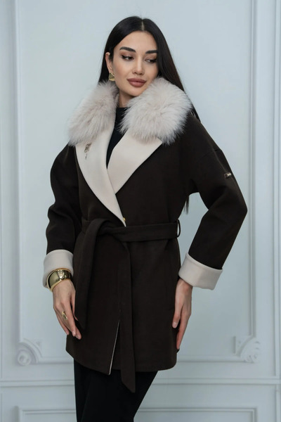 Eccim Fashion Kürk Yaka Broşlu Kısa Kadın Palto Kaban