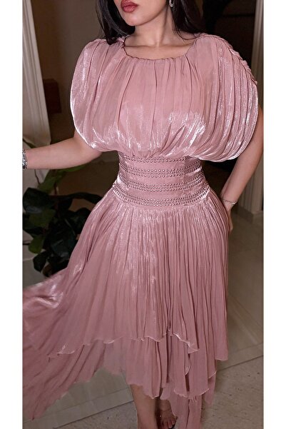 Generic Brand Pink Crinkled Chiffon Evening Dress with Beaded Belt and Layere...