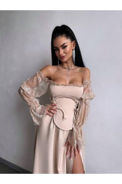 zoezoe Off-Shoulder Dantel Uzun Kollu Derin Yırtmaçlı Şık Gece Elbisesi