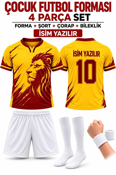 yenteks İsim Yazılır SARI-KIRMIZI ARSLAN Baskılı Çocuk Forma Seti 4 Lü Set Ço...