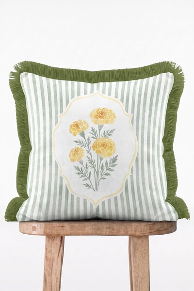 IdeCraft Marigold Stripe Yeşil Çizgili Sarı Çiçek Desenli Saçaklı Dekoratif K...