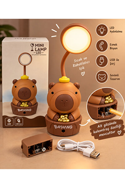 yeşil köşe Capybara 360⁰ Dönen Masa Lambası USB Kablosu Pakete Dahil Şarjlı L...