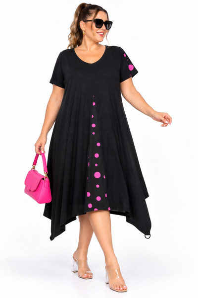 Trieste Plus Size Polka Dot Detailed Asymmetrical Cut Short Sleeve Women's Dress