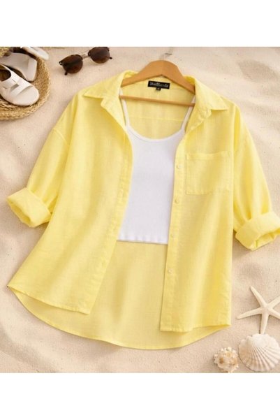 blackbonds Kadın sarı Oversize Pamuklu Rahat Tek Cepli Keten Gömlek – Yeni Ya...