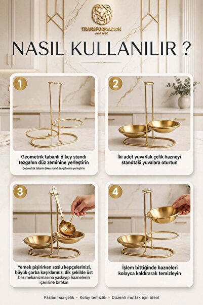 Transformacion Gold Çiftli Kepçe Kaşık Altlığı Dikey Tezgah Üstü Kaşıklık Standı 18/10 304 Paslanmaz Çelik 723676