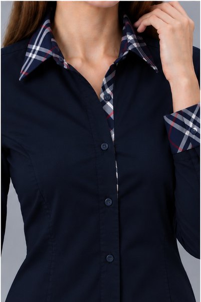 FARQIN Navy Blue Cotton Satin Laci Brbry Collar Cuff Back Skirt Detailed Slim Fit Women's Shirt