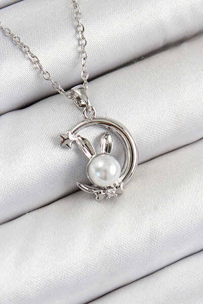 Lovesta Home 316L Steel Pearl Detailed Crescent Rabbit Model Silver Color Wom...