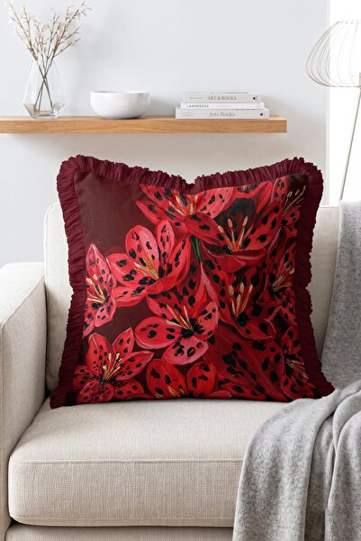 IdeCraft Crimson Lily Kırmızı Zambak Çiçekli Bordo Zeminli Retro Saçaklı Deko...
