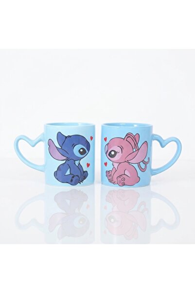 KAZUKO Blue Stitch and Angel Ceramic Mug Set (2Pcs) Romantic Design with Hear...