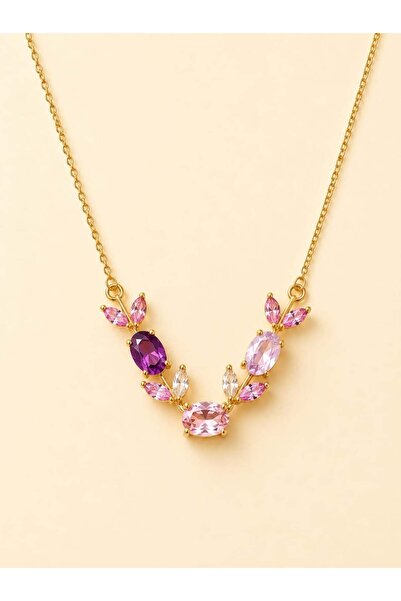 Generic Gold-Tone Anti-Tarnish Necklace with Purple and Pink Gemstones, Flora...