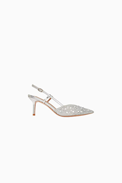 NICOLI Varese 70 Metallic Leather Slingback Heels, Crystal Embellished Silver