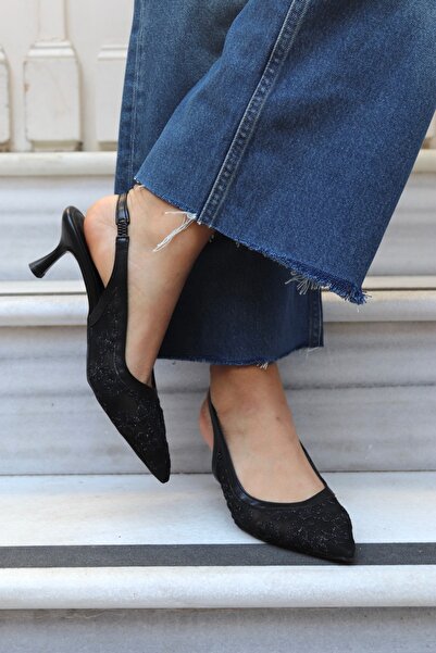 DC DONNA Aris Lace Detailed Pointed Toe Open Back Thin Heeled Women's Evening...