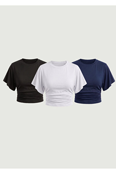 MAXIMILLIAN Women's Bat Sleeve Basic Tight 3-Piece Crop Blouse