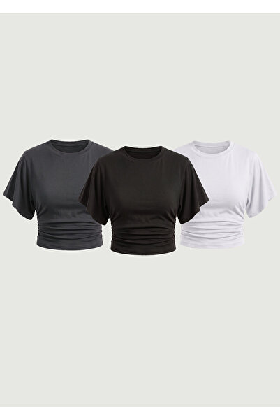 MAXIMILLIAN Women's Bat Sleeve Basic Tight 3-Piece Crop Blouse