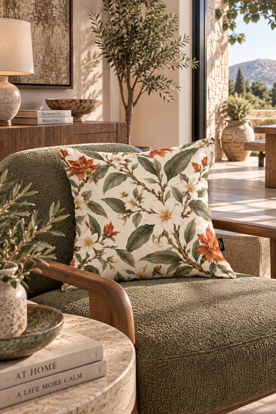 MUN HOME Botanica 1 Piece Floral Bird Throw Pillow Cover Green Orange Floral ...