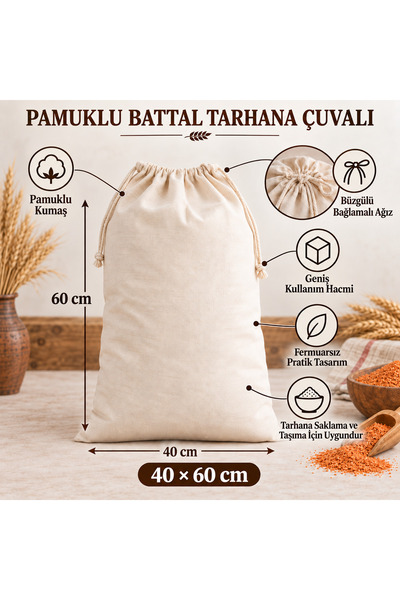 Magiclady Pamuklu Battal Tarhana Çuvalı –40 x 60 Büzgülü Bağlamalı, Fermuarsı...