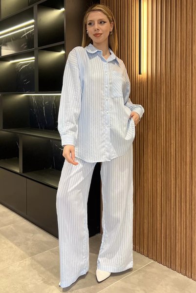 TOZLU Baby Blue Women's Stripe Patterned Shirt Pants Double Set
