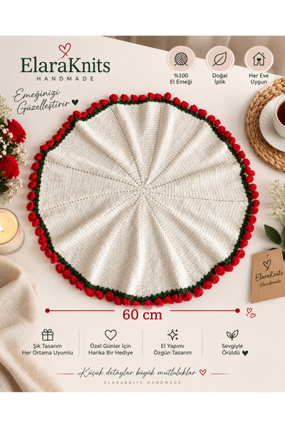 elara knits hand made Kırmızı güllü Buket battaniye buket şal