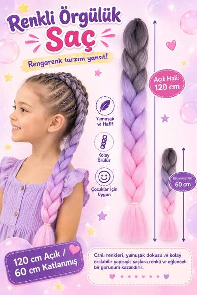 Rhea Company Premium Soft Gri-Lila-Pembe Ombreli Örgülük Saç (100gr)