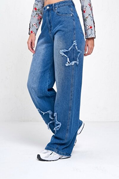 Köstebek Star Detail Wide Leg Relax Unisex Tech Pants Blue Stars Patch Pants