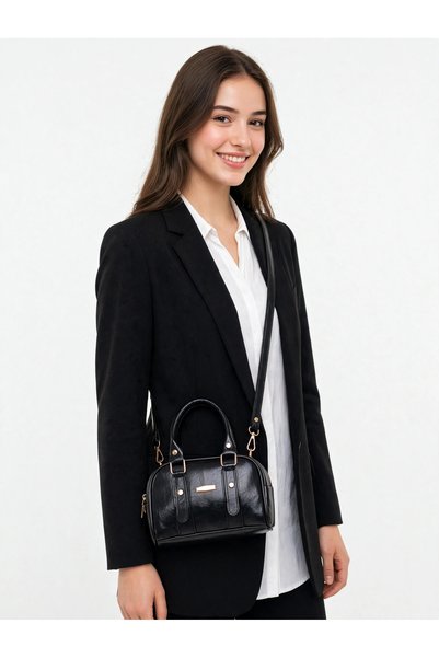 ser arte Women's Black Leather Hand and Shoulder Bag with Gold Detail Cross Strap Daily Handbag