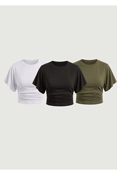 MAXIMILLIAN Women's Bat Sleeve Basic Tight 3-Piece Crop Blouse