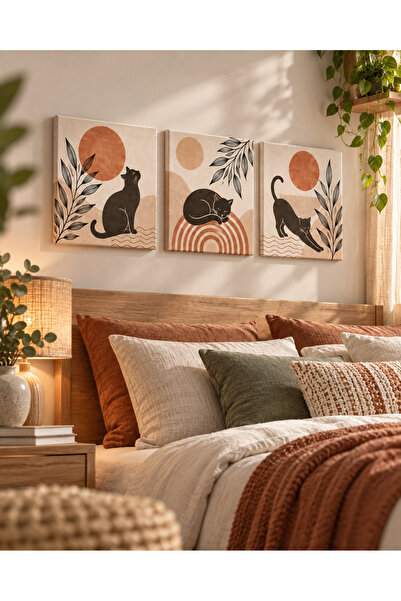 AlohamoraShop 3’lü Canvas Tablo 20x20 cm – Kedi Desenli Bohem Duvar Dekoru, M...