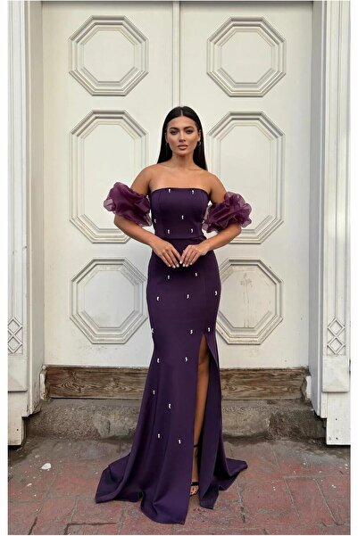 Şeker Portakalım Scuba Detailed Strapless Evening Dress Stretchy Fabric Dress...