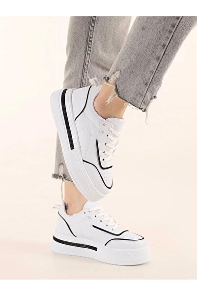 Kadın Bağcıklı Kalın Taban Taşlı Günlük Sneaker Spor Ayakkabı