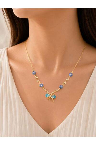 Generic Anti-Tarnish Gold-Tone Necklace with Blue Floral & Butterfly Pendant