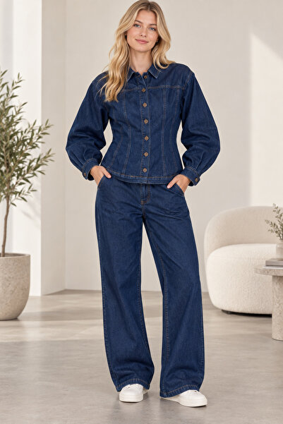 SERAPA Kadın Omuz Vatkalı Volümlü Kollu Denim Ceket Pantolon Takım Geniş Paça...