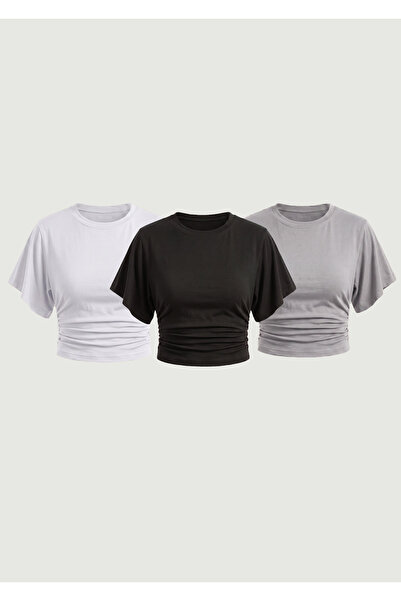 MAXIMILLIAN Women's Bat Sleeve Basic Tight 3-Piece Crop Blouse