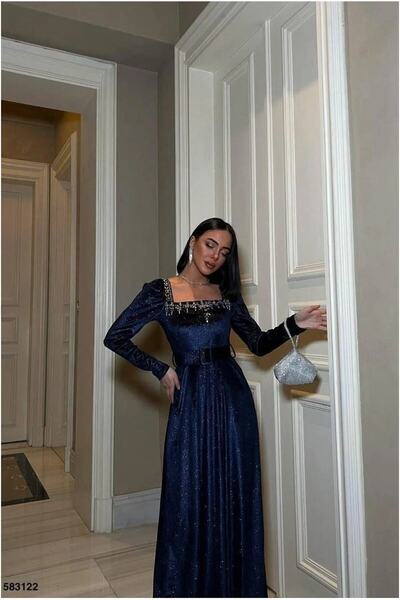 Şeker Portakalım Square Neckline Evening Dress with Belt and Long Sleeves