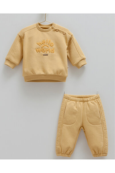 Caramell İncibaby Hello World Cotton Pocketed Shoulder Buttoned 3 Yarn Winter...