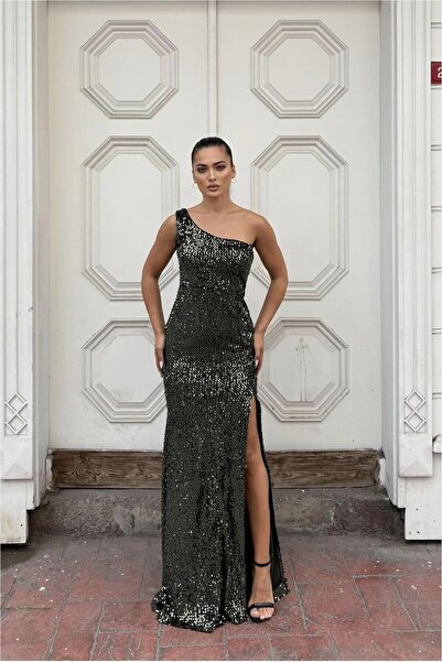 Şeker Portakalım Velvet Asymmetrical Sequined Evening Dress Fabric Dress Collar