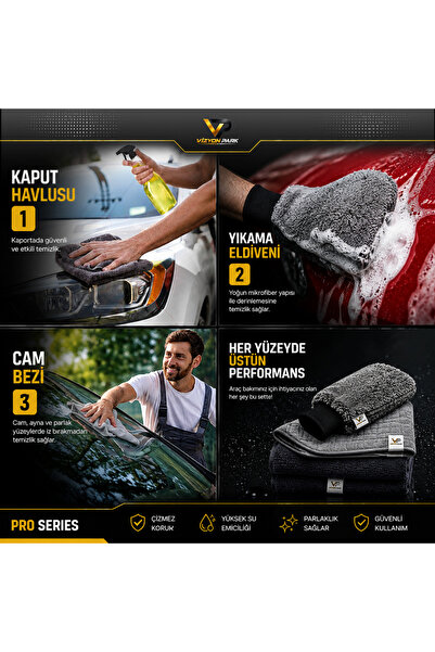 Vizyon Park ProSet Mikrofiber Oto Yıkama Temizleme Seti | Araç Kurulama Havlusu + Otomobil Cam Bezi + Araba Yıkama Eldiveni Paketi, Profesyonel Araç Bakım Seti (3'lü Set)