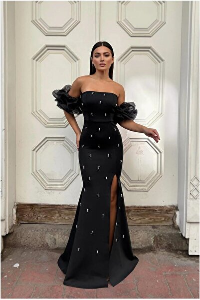 Şeker Portakalım Scuba Detailed Strapless Evening Dress Stretchy Fabric Dress...