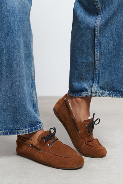 NİŞANTAŞI SHOES Aspel Taba Süet Deri İçi Kürklü Marin Bağcık Detay Düz Taban ...