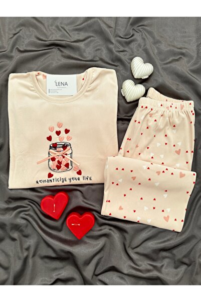 Lena Homewears Pudra Kalp Desenli Fransız Kadife Pijama Takımı