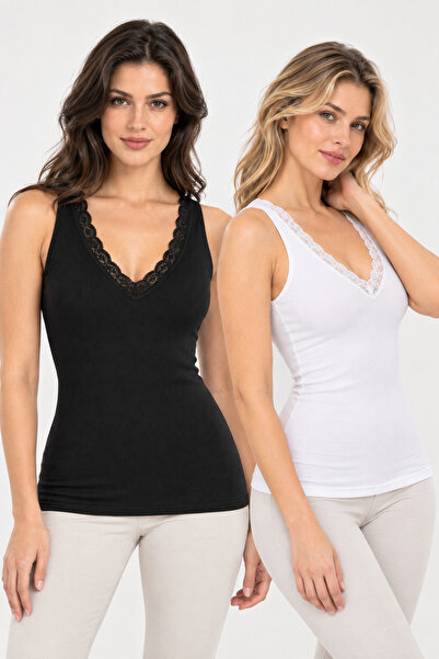 Loule Women's 2-Piece Modal Camisole Lace Detailed V-Neck Undershirt Set Flex...