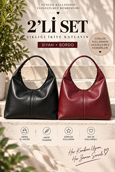 seraptakidunyasi 2’li Set Büyük Boy Hobo Bag Kadın Omuz Çantası Fermuarlı Gen...