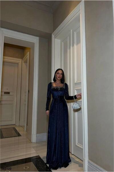 Şeker Portakalım Square Neckline Evening Dress with Belt and Long Sleeves