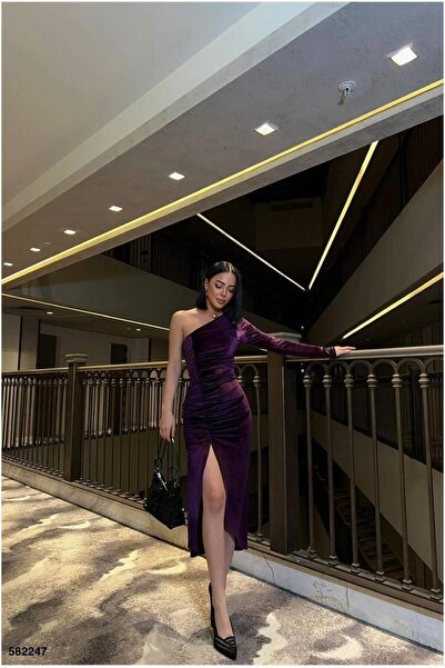Şeker Portakalım Velvet Slit Asymmetrical Evening Dress Fabric Dress Collar Midi
