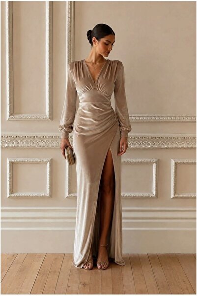 Şeker Portakalım Velvet Slit Evening Dress Fabric Dress with Stand Collar