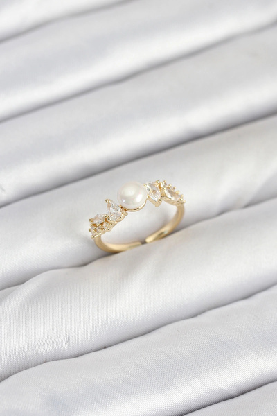 Lovesta Home Brass Gold Color Zircon Stone Pearl Model Women's Ring Tj-Byk3852