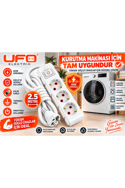 UFO 2.5 Metre Kurutma Makinesi Uzatma Kablosu 3x2,5 mm² Bakır Kablo 16A Topra...