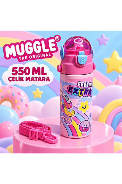 MUGGLE MT-2635 550 ml Pipetli Çelik Matara Omuz Askılı Koruyucu Kapaklı Desen...