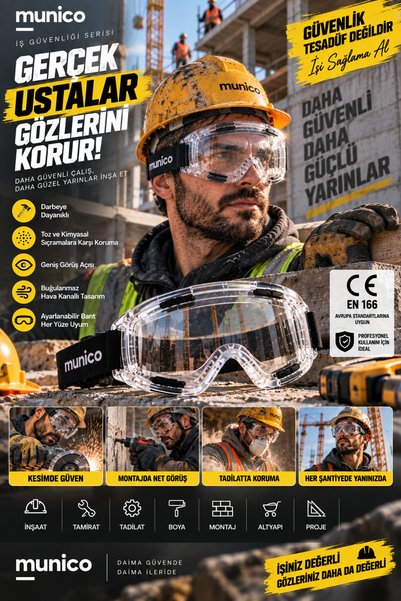 Munico 4 Adet İşçi Usta Koruyucu Gözlüğü Şeffaf Lensli Ayarlanabilir Bantlı İnşaat Tadilat ve Atölye