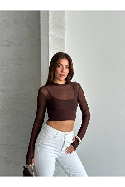 Perry Boutique Μακρυμάνικη μπλούζα από τούλι με λεπτομέρεια εσωτερικού φανελά...